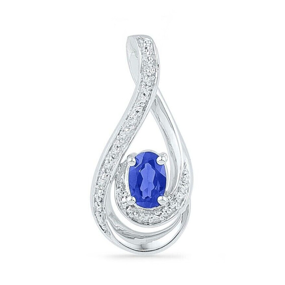 Natural Diamond & Simulated Blue Oval Sapphire Pendant 925 Sterling Silver - Picture 1 of 2